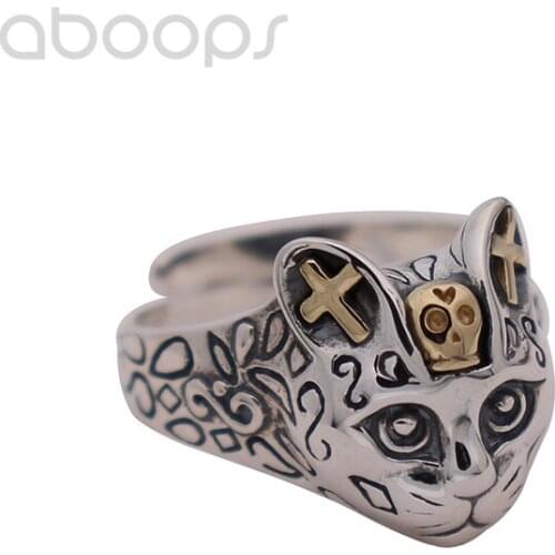 Vintage 925 Sterling Silver Cat Head Ring,Biker Jewelry for Men Women,Bicolor,Adjustable Size 7.5-10,Free Shipping