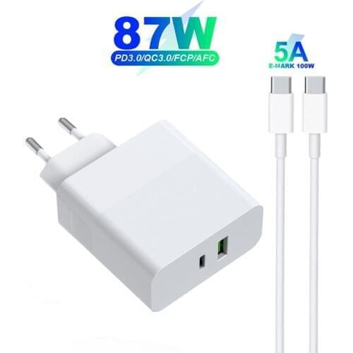 87W 65W USB-C Power Laptop Adapter Replacement AC Supply Charger for MacBook Air Pro 15 Inch Xiaomi/Huawei/ASUS (USB-C Cable 5A)