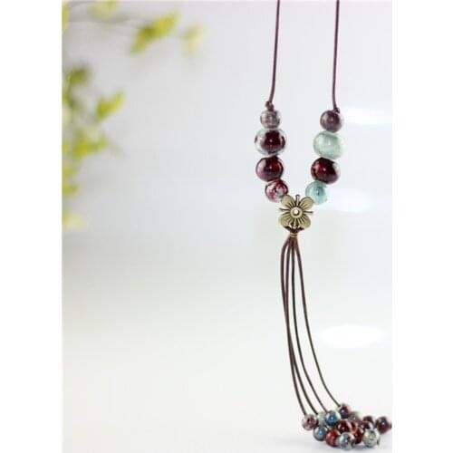 Lady Fashion Retro Ceramic Bead Tassel Necklaces Pendants For Women Ethnic Sweater Chain Jewelry Accessories