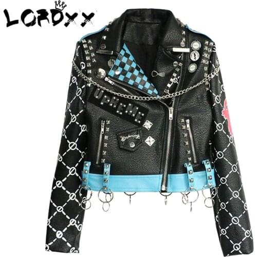 LORDXX Women Short Leather Jacket 2020 Autumn SteamPunk Women Fashion Turn-down collar Cropped Jacket Black Ladies coats