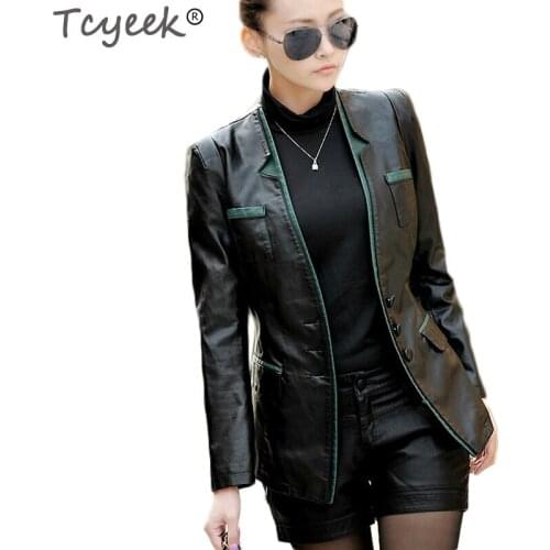 Tcyeek Faux Leather Jacket Women 2020 Autumn Spring New Arrive Three Button Jackets Female Casual Womens Leather Coat WJF0005