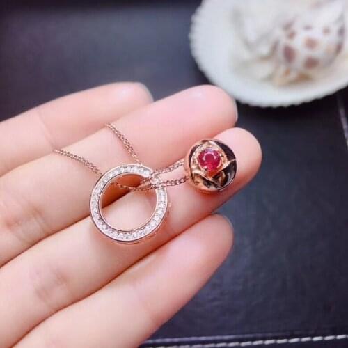 Natural red ruby Pendant necklaces natural gemstone pendant S925 silver Fashion round two wears Women wedding luck jewelery