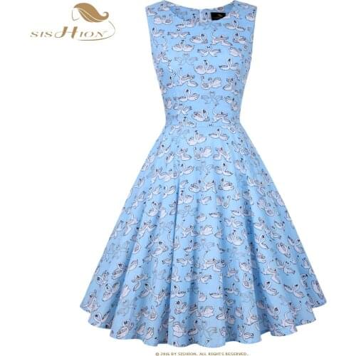 SISHION Elegant Women Dress Sleeveless Ladies Blue Large Swing Swan Print 50s 60s Retro Vintage Cotton Dresses VD0586C