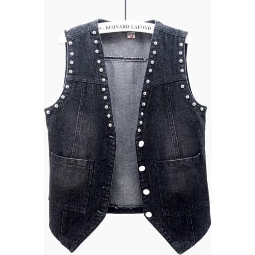 Vintage Black Blue Rivet Denim Vest Women Summer Casual Pocket Jeans Vests Female Waistcoat V-Neck Short Sleeveless Jacket Coat