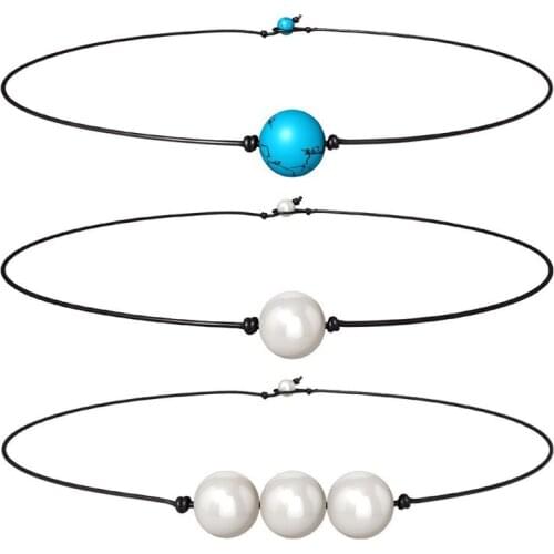 2018 Fashion Jewelry Handmade Leather Rope Chain Black Stone Rhinestone Pearl Pendant Necklace Set Choker Necklaces For Women