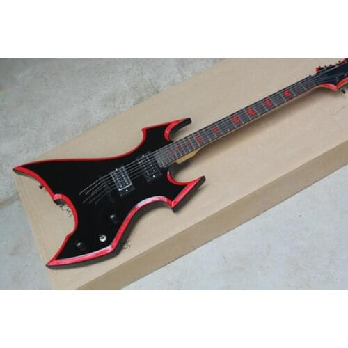 Free shipping 6 string guitar,irregular black guitar,basswood body ,strings through body,HH pickups,red inlay,red margin