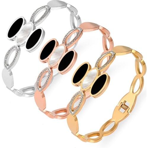 Stainless Steel Bracelet Jewelry Rhinestone Bracelet For Women Fashion Charm Black Enamel Bangle