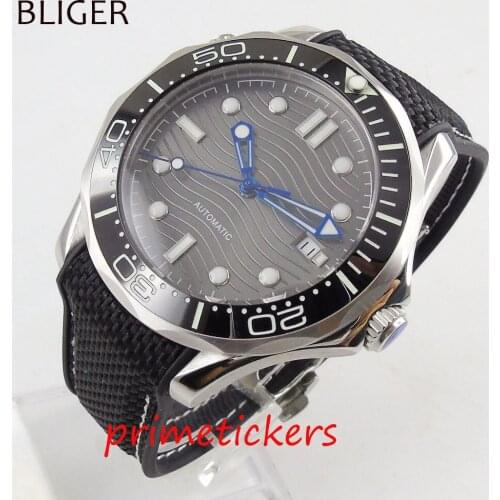 Mechanical mens watch 41mm gray dial sapphire glass black ceramic bezel rubber strap date indicator