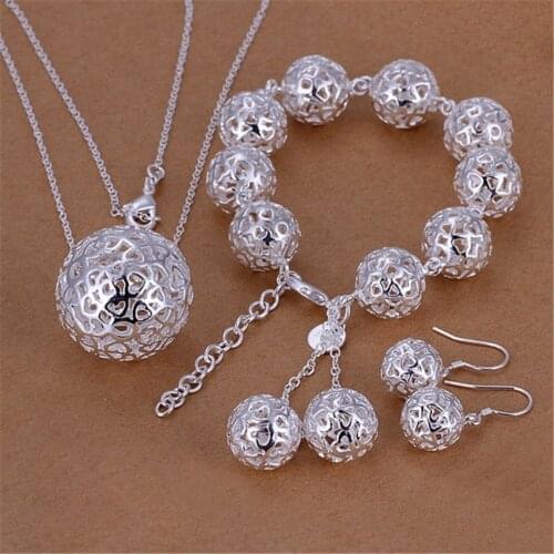 Hot 925 sterling Silver Hollow Ball Pendant Bracelet necklace earrings Jewelry set for women Fashion Party Christmas Gifts