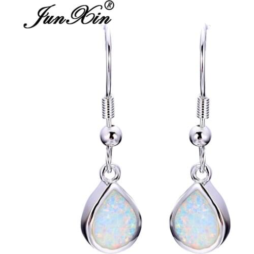 JUNXIN 2017 New Fashion Women Drop Earring White Opal Earrings Silver Color Long Dangle Earrings For Women