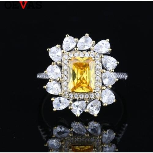 OEVAS 100% 925 Sterling Silver Wedding Rings For Women Sparkling Yellow High Carbon Diamond Enagement Party Fine Jewelry Gifts