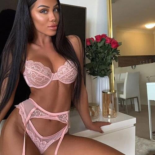 Pink Lace Underwire Bra Set Erotic Lingerie Sexy Woman Push Up Bra Sexy Underwear Thong Garter Set Lenceria Sensual Mujer Porno