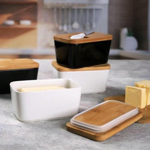 Butter Box Nordic Box Sealing With Wood Lid Knife Food Dish Ceramic Keeper Tool Cheese Tray Plate Kitchen Storage Box