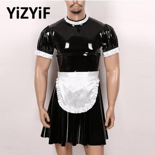Mens Sissy Maid Cosplay Role Play Costume Set Wet Look Patent Leather Servant Maid Uniform Men Maid Costume Dress With Apron