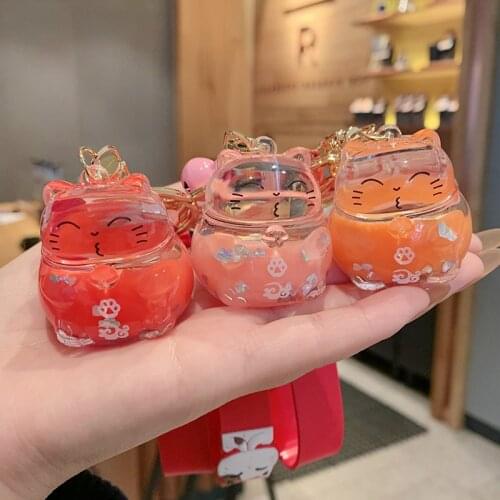 Creative Lucky Cat Transparent Floating Bottle Keychain Female Cute Acrylic Doll Key Chain Bag Car Pendant Keyring Gifts