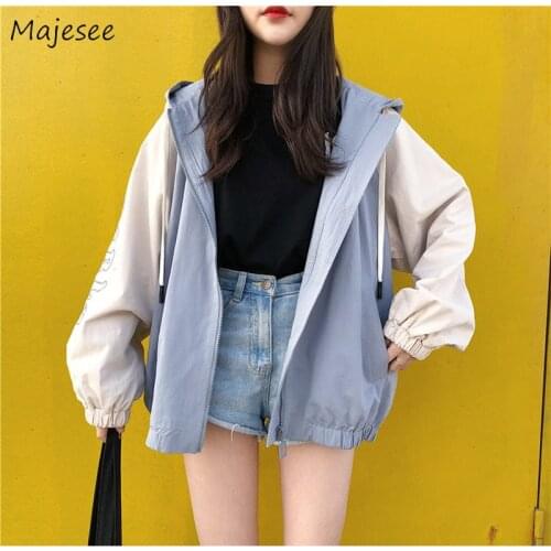 Jackets Women Hooded Zipper Printed Student Korean Style Loose Simple All-match Patchwork Baseball Jacket Womens Harajuku Casual