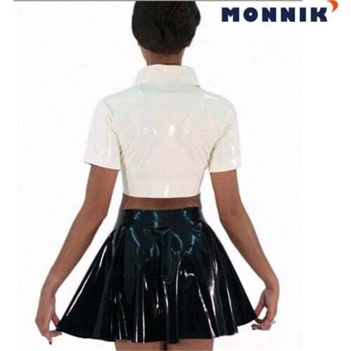MONNIK latex White Latex Tops Black Mini Skirts Women Gummi 0.4mm Rubber Club Wear Clothing