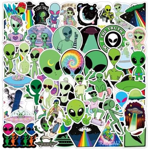 50psc Aliens UFO Cartoon Stickers Skateboard Fridge Phone Guitar Laptop Motorcycle Travel Luggage Classic Toy Decal Stickers