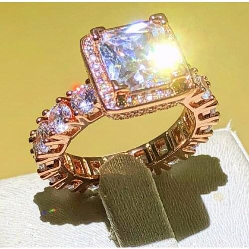 Real Solid 925 Silver Wedding Rings Rose gold Jewelry for Women Square 3 Carat Simulated Diamond CZ Engagement Rings Accessories