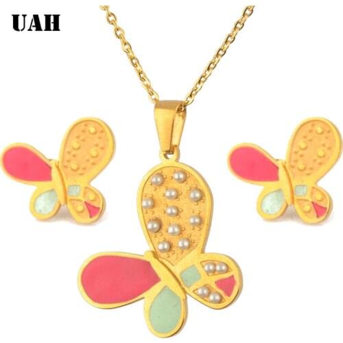 UAH New Hot Fashion Butterfly Women Enamel Stainless Steel Pendant Necklaces Earrings Sets For Wedding Jewelry