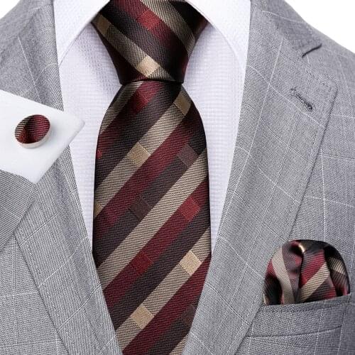 New Brown Striped Men Wedding Tie Set Silk Retro Neckties Wedding Business Handkerchief Cufflink Silk Tie Set Barry.Wang FA-5299