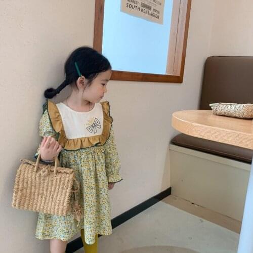 Autumn New Arrival korean style girls dress lovely embroidery lace splicing collar long sleeve for cute sweet baby girls