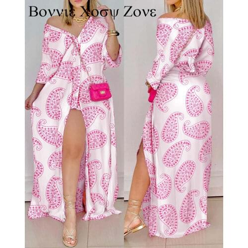 Paisley Print Button Up High Slit Shirt Dress Three Quarter Length V-Neck Shirt Long Front Slit Summer Dresses For Women 2021