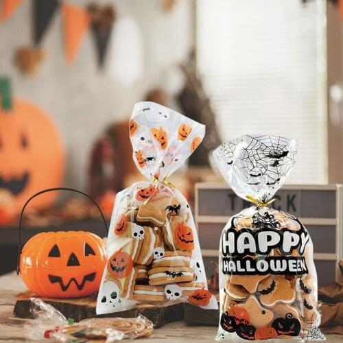 50pcs Hallwoeen Pumpkin Skull Cat Candy Bag Transparent Cellophane Food Plastic Package Bags Halloween Party Decor Gift Bag
