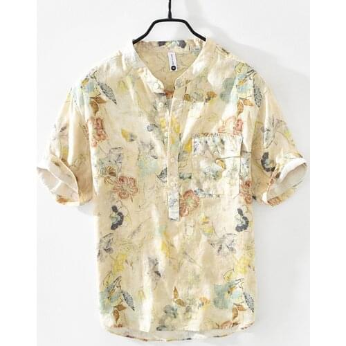 M2002 Linen Shirt For Men Literature And Art Fresh Wild Young Style Party Holiday Thin Half Sleeve Stand Collar Pocket Slim Top