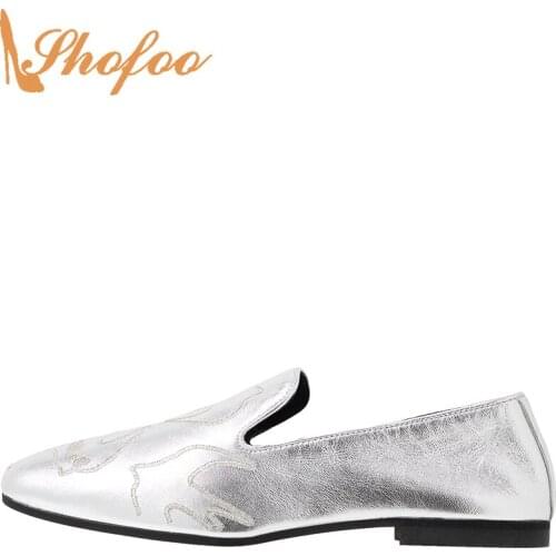 Silver Round Toe Printing Flats Loafers Woman Large Size 11 16 Ladies Soft Ballet Shoes Spring Autumn Fashion Mature Shofoo