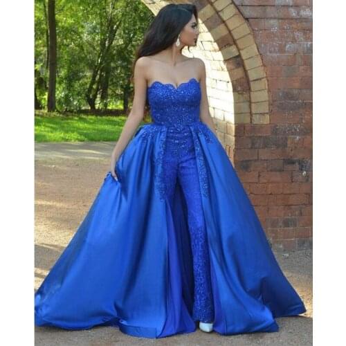 Blue Jumpsuits Lace Prom Dresses Sweetheart Beaded Overskirt Evening Gowns Vestidos De Fiesta Sweep Train Appliqued Formal Dress