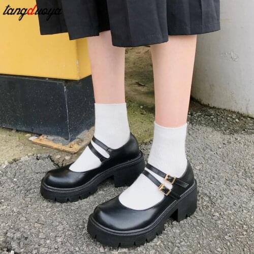 Black High Heels Shoes Women Pumps Fashion Patent Leather Platform Shoes Woman Round Toe Mary Shoes Mujer low hee lolita shoes