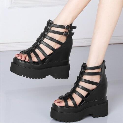 Height Increasing Shoes Women Genuine Leather High Heel Roman Gladiator Sandals Female Summer Platform Pumps Shoes Casual Shoes