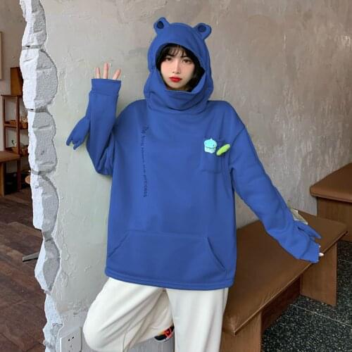 Frog Hoodie Women Cute Funny Embroidery Letter Plus Velvet Thickened Kawaii Harajuku Streetwear Christmas Oversized Hoodie