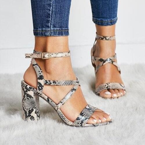 2020 Women Prints Snakeskin Sandals Pumps Super High Heels 10CM Square heel Lady Party Sandals Open Peep Toe Shoes Plus Size 43