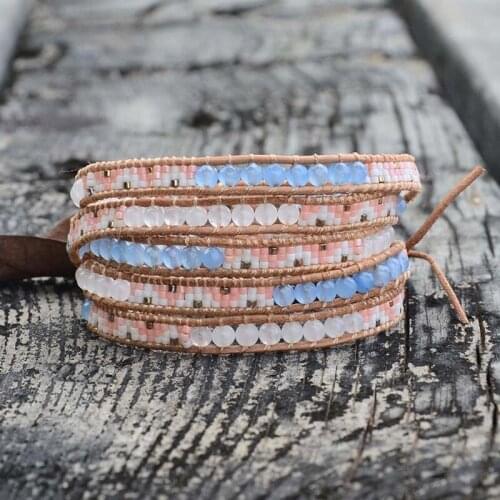 Handmade Women Natural Stone Colors Beaded Bracelets Genuine Leather 5 Strands Wrap Bracelets Women Weaving Bracelet Dropship