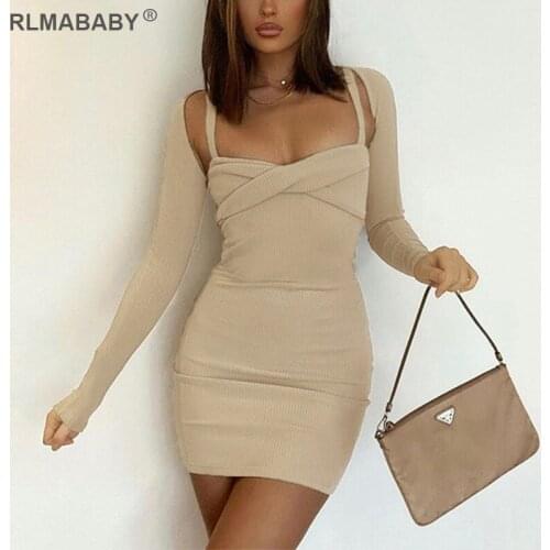 Fashion Autumn Winter 2 Piece Set Women Long Sleeve Crop Top And Sexy Party Twist Spaghetti Strap Mini Bodycon Dress Outfit Suit