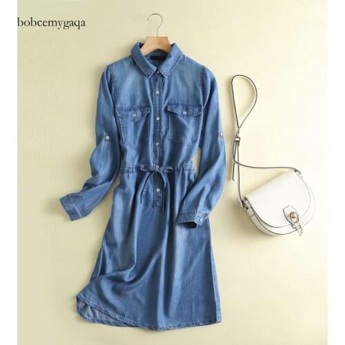 Denim long shirt dress women turn down collar blue elastic waist long sleeve jeans dress casual streetwear spring dress