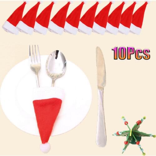 5/10Pcs Christmas Fork Knife Cutlery Holder Bag Pocket Red Santa Hat Spoon Tableware Storage Bag Xmas Dinner Table Decor Supplie