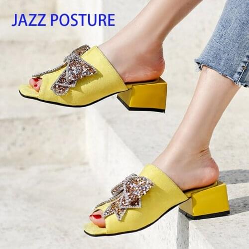 Rhinestone Glitter Butterfly-knot Slip on Low heel slippers Women summer Plus Size Yellow black Ladies Casual fashion slippers