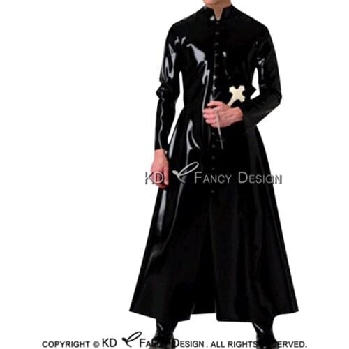 Black Sexy Latex Monastic Clothes With Buttons At Front Rubber Monk Uniform Monacal Blackfriars Robe Coat YF-0154