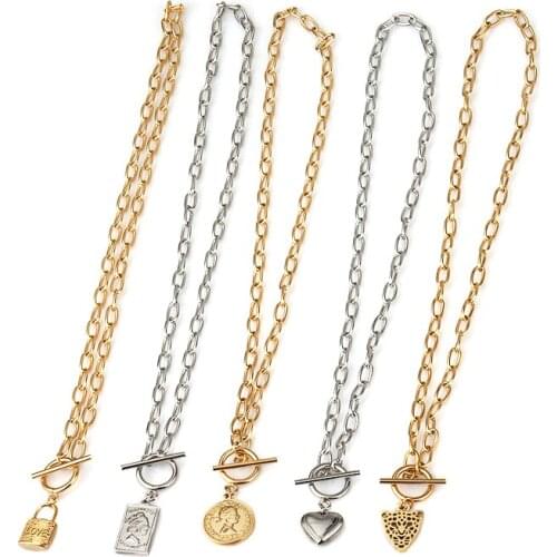 Womens Stainless Steel Necklace Multiple Necklace Thick Chain Necklace Coin Lock Pendant Necklace For Women Necklace Jewelry