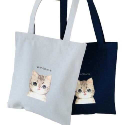Canvas Traveling Shopping Bags Cat Print Tote Bag for Women Girl Cute School Shoulder Bags