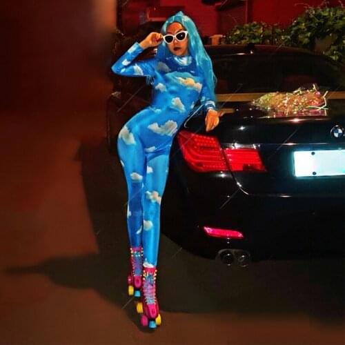 Sexy Blue Jumpsuit Cloud Print Jumpsuit Dance Stage Costume Bodysuit Leggings DS Costume Female Singer Gogo Dance Wear XS2717