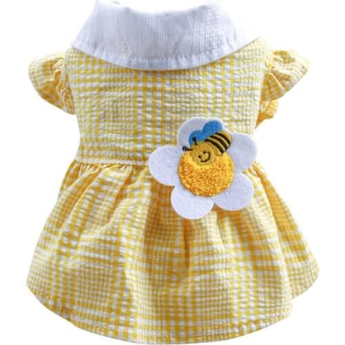 Pet clothes cat dog spring summer Princess Dress yellow Plaid sunflower bee skirt fashion dog dress with flowers