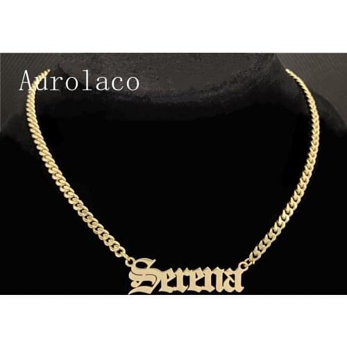 AurolaCo Custom Name Necklace Old English Name Necklace Gold Color Cuban Chain Customized Nameplate Necklaces for Women Men