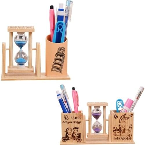 Durable Wooden Pen Holder 2 Compartments Children Stationery Holder with Lovely Mini Hourglass Desktop Decorations
