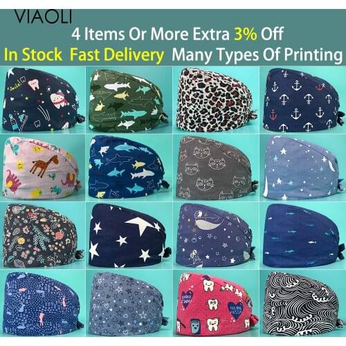 Dental Hospital Surgery Scrub Cap Pet Clinic Nurse Hat 100% Cotton Animal Print Doctor Cap Elastic Womens Nursing Cap Wholesale
