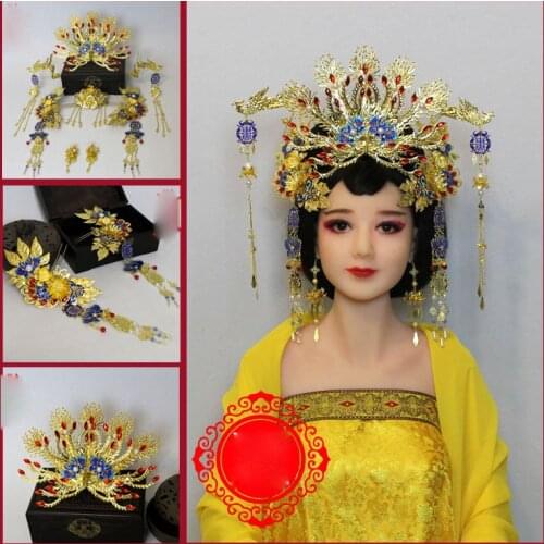 A208 Traditional Chinese Wedding Bride Phoenix Tiara Tang Dynasty Empress Princess Imitate Blue Cloisonne Hair Tiara