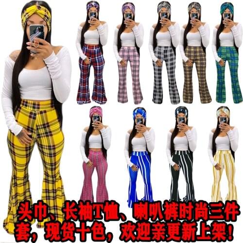 Plaid Striped Splicing Vintage 3 Piece Set Bodycon Tracksuit White Long Sleeve T-shirt and Bell Bottom Flare Pant and Head Scarf